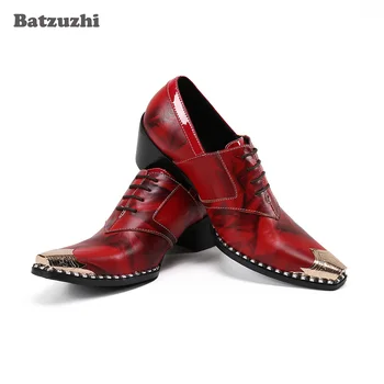 Batzuzhi/модни мъжки модел обувки от естествена кожа на висок ток 6,5 см, червени вечерни и булчински обувки с остър бомбе, мъжки бизнес обувки, 38-46