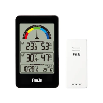 Digital Alarm Clock FanJu Електронен Безжично Измерване На Температура И Влажност На Показалеца На Показанието На Комфорт Вътрешен Външен Термометър
